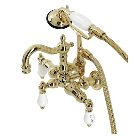 Kingston Brass CA1009T2 3-3/8" Tub Wall Mount Clawfoot Tub Faucet with Hand Shower, Polished Brass CA1009T2